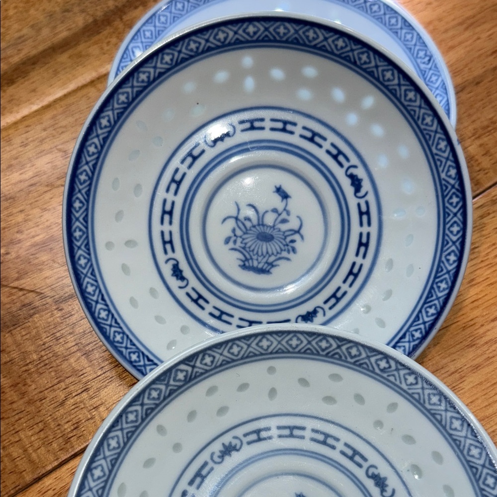 Set of Blue and White Rice Grain Saucers